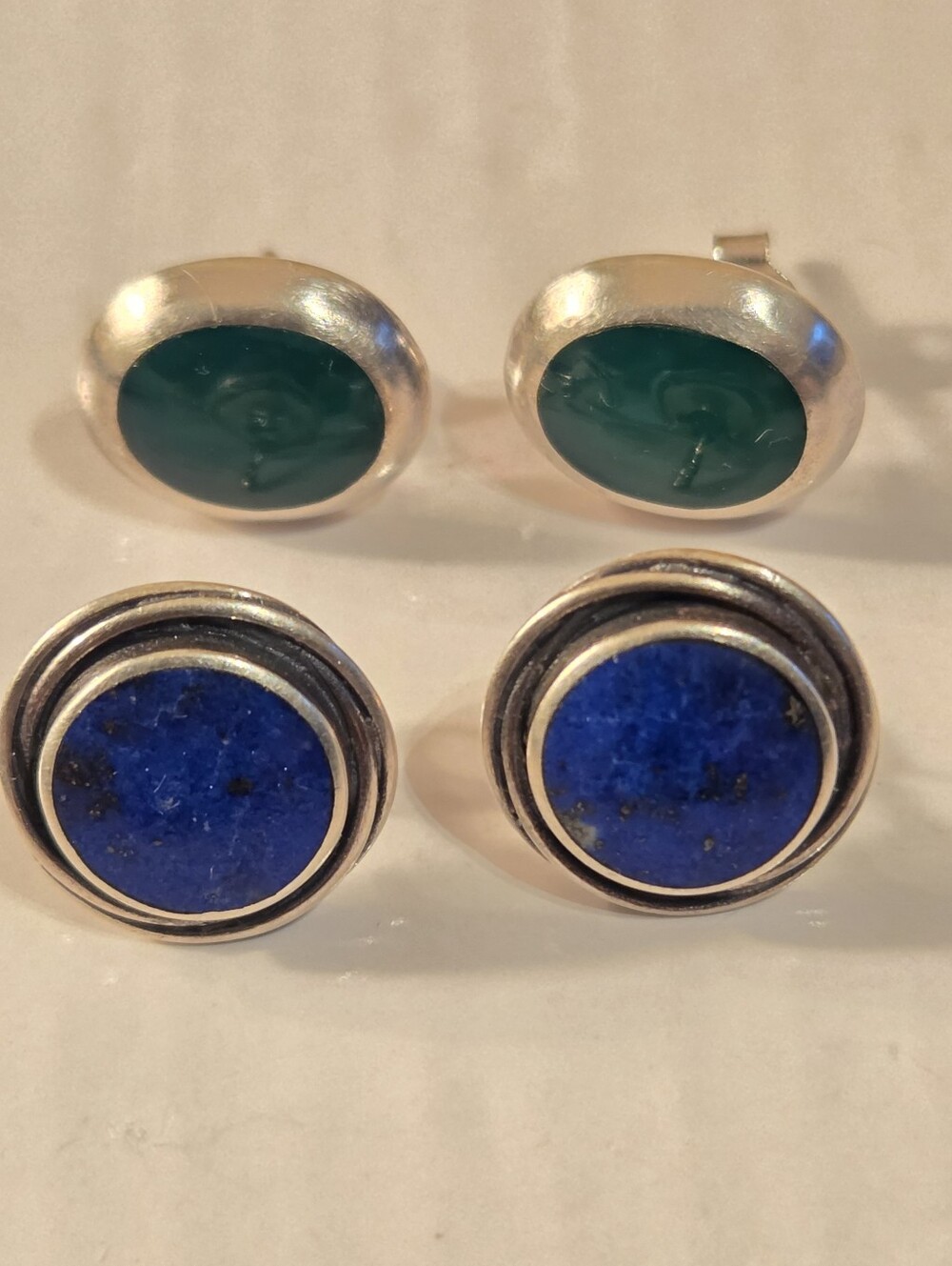 Lapis Blue and Green Stone Sterling Clip-On Earrings Set